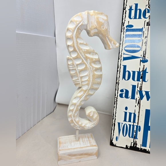 Beach Trio Faux Wood Distressed Sea Shell Sea Horse Ocean Saying White & Blue - Picture 3 of 13